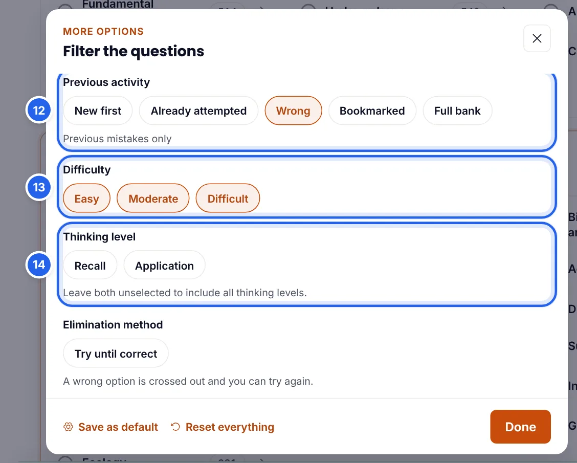 The More options panel with Previous activity set to Wrong, difficulty levels and thinking level choices