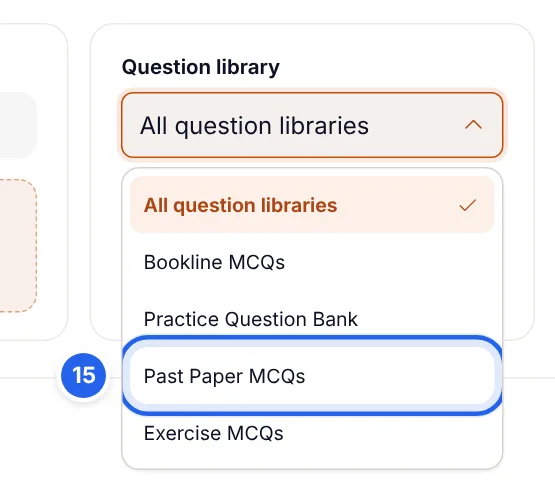 The Question library list with All question libraries, Bookline MCQs, Practice Question Bank, Past Paper MCQs and Exercise MCQs