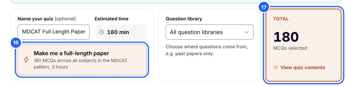 After pressing Make me a full-length paper, the quiz is named MDCAT Full Length Paper with 180 minutes and 180 MCQs selected