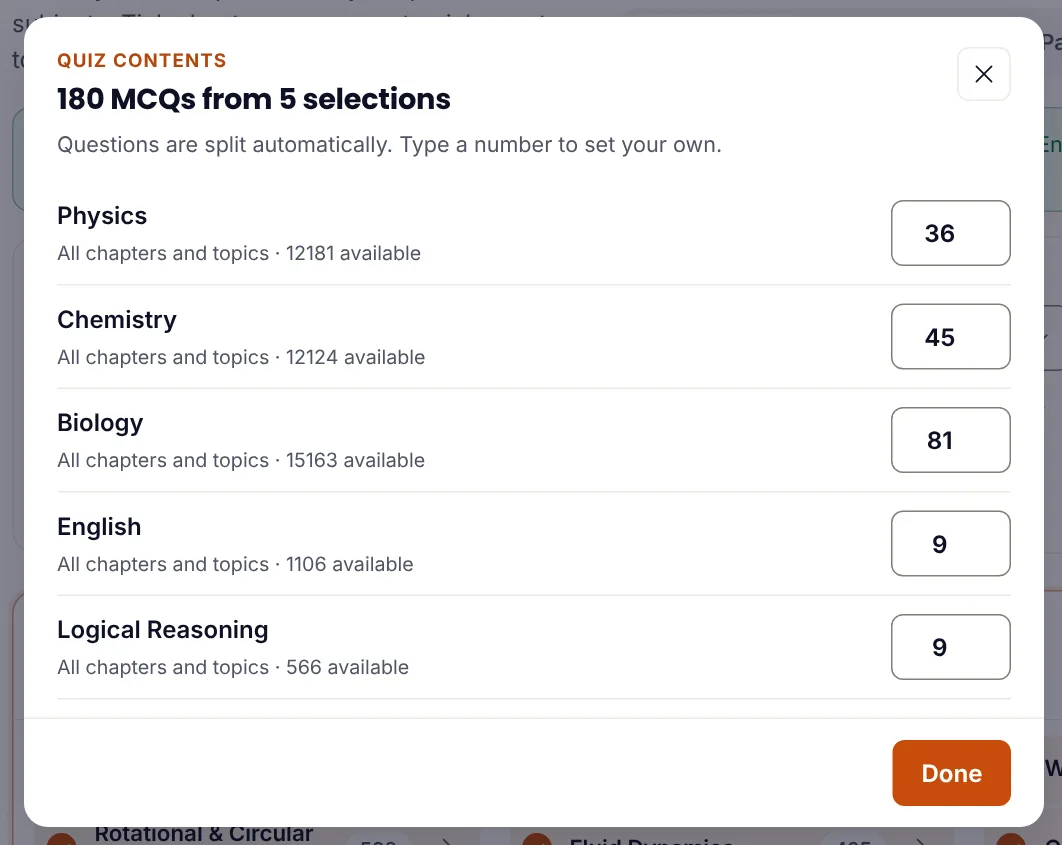 Quiz contents for a full-length paper: 36 Physics, 45 Chemistry, 81 Biology, 9 English and 9 Logical Reasoning MCQs