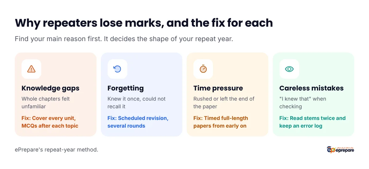 Four reasons repeaters lose MDCAT marks and the fix for each: knowledge gaps need full chapter coverage, forgetting needs scheduled revision, time pressure needs timed full-length papers, and careless mistakes need slower reading and checking