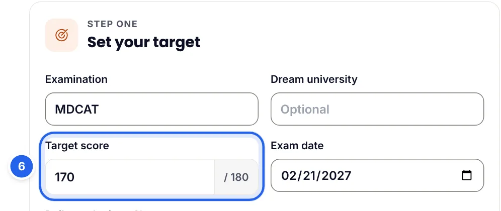 The Exam goal page with the target score field set to 170 out of 180 and the exam date