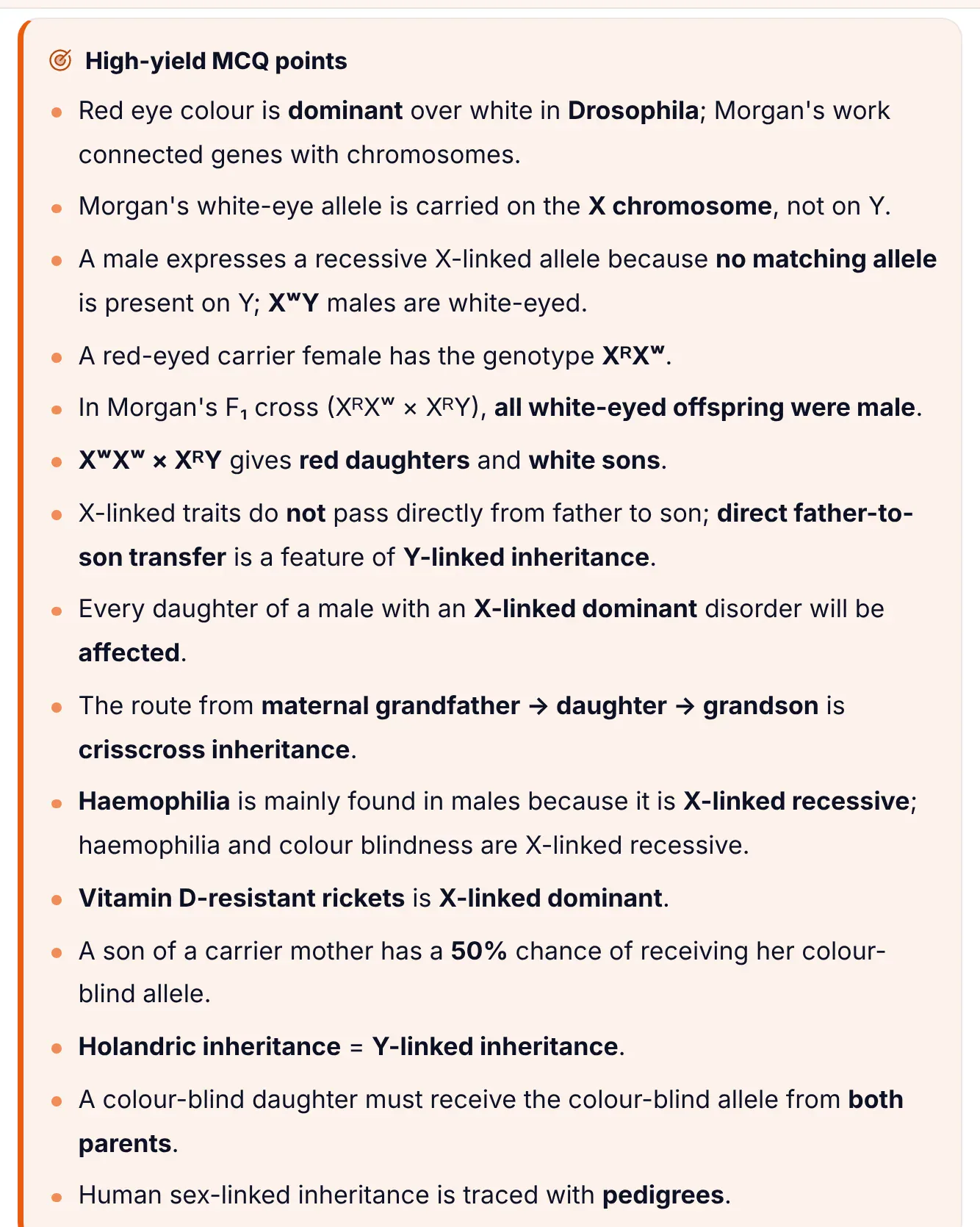 High-yield MCQ points box from ePrepare's sex linkage lesson: red eye dominant in Drosophila, white-eye allele on X, carrier female XRXw, white-eyed F2 flies all male, XwXw crossed with XRY gives red daughters and white sons, no father-to-son X transfer, crisscross route, haemophilia and colour blindness X-linked recessive, vitamin D-resistant rickets X-linked dominant, holandric means Y-linked, and pedigrees.