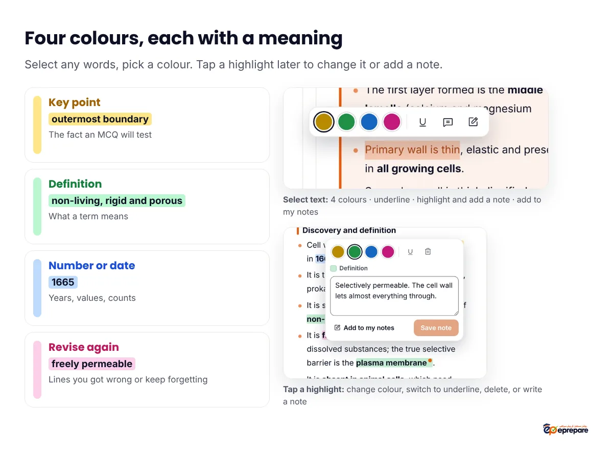 The four Smart Notes highlight colours: yellow Key point, for example outermost boundary, the fact an MCQ will test; green Definition, for example non-living, rigid and porous, what a term means; blue Number or date, for example 1665, years, values and counts; pink Revise again, for example freely permeable, lines you got wrong or keep forgetting. Screenshots show the bar that appears when you select text, with four colours, underline, highlight and add a note, and add to my notes, and the options that open when you tap a highlight: change colour, switch to underline, delete or write a note