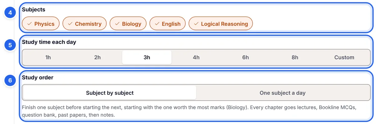 Subject choices, study time each day from 1 to 8 hours, and the study order options Subject by subject or One subject a day