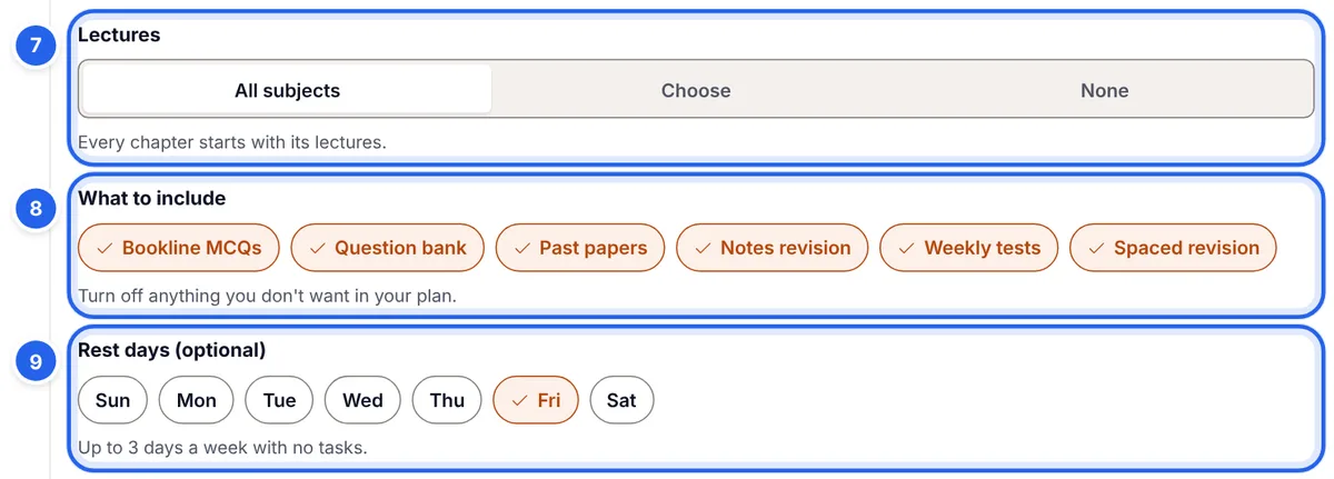 Lecture options All subjects, Choose or None; the list of what to include in the plan; and rest day choices from Sunday to Saturday