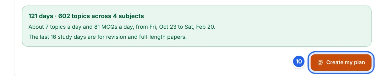 The plan summary showing days, topics, topics and MCQs per day and the revision days, with the Create my plan button highlighted