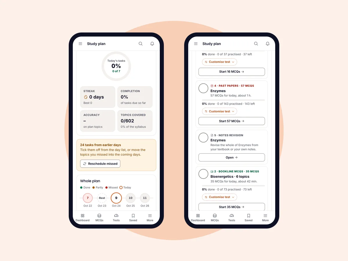 Two phone screens: the study plan progress with the reschedule note and whole plan, and today's tasks with Start buttons
