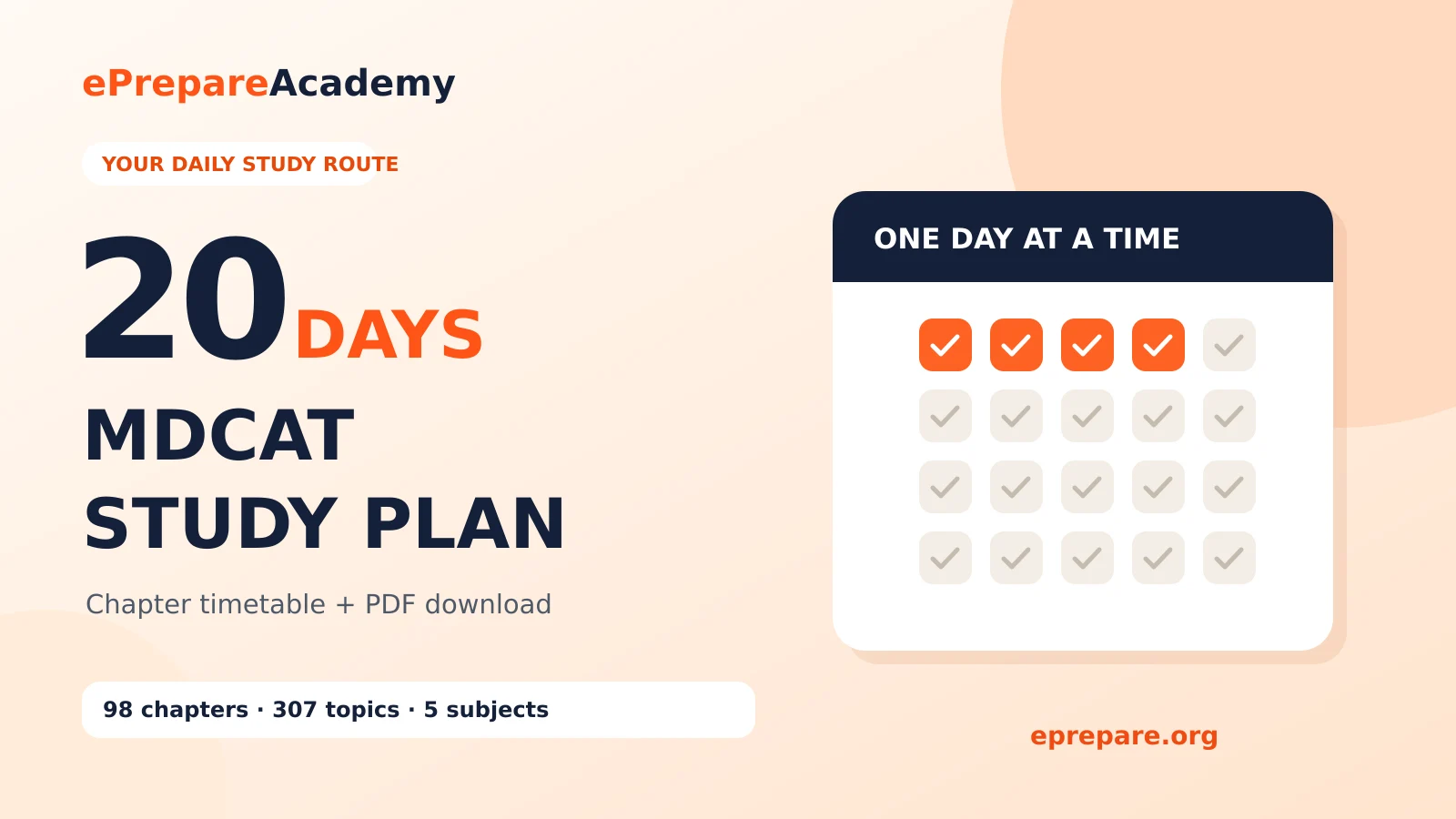 20-day MDCAT study plan with a calendar graphic and the ePrepare course coverage of 98 chapters, 307 topics and five subjects.