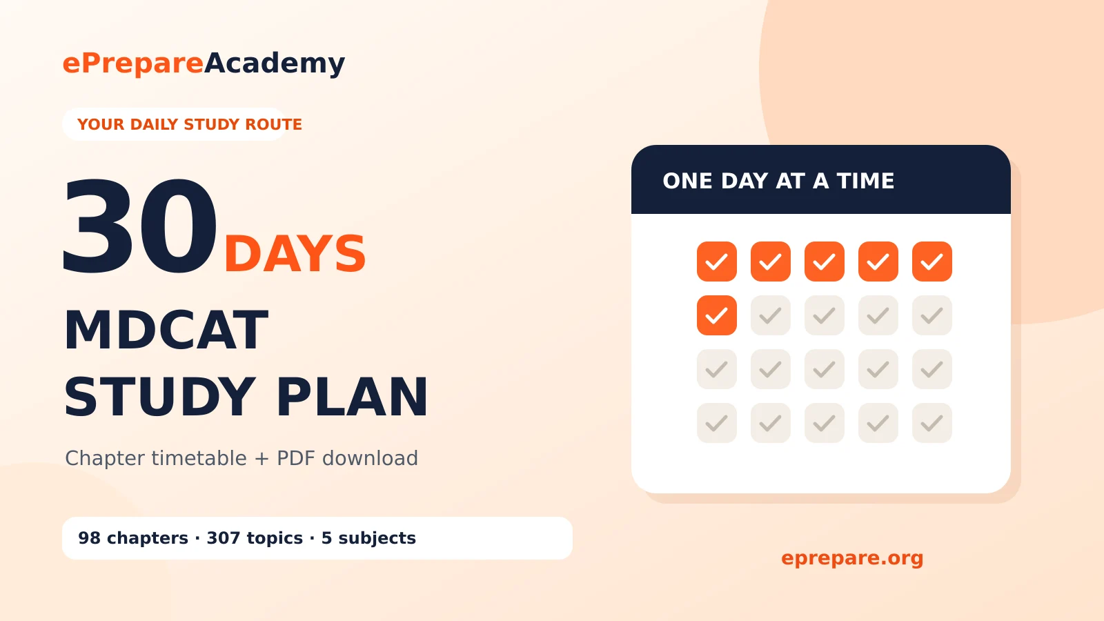 30-day MDCAT study plan with a calendar graphic and the ePrepare course coverage of 98 chapters, 307 topics and five subjects.