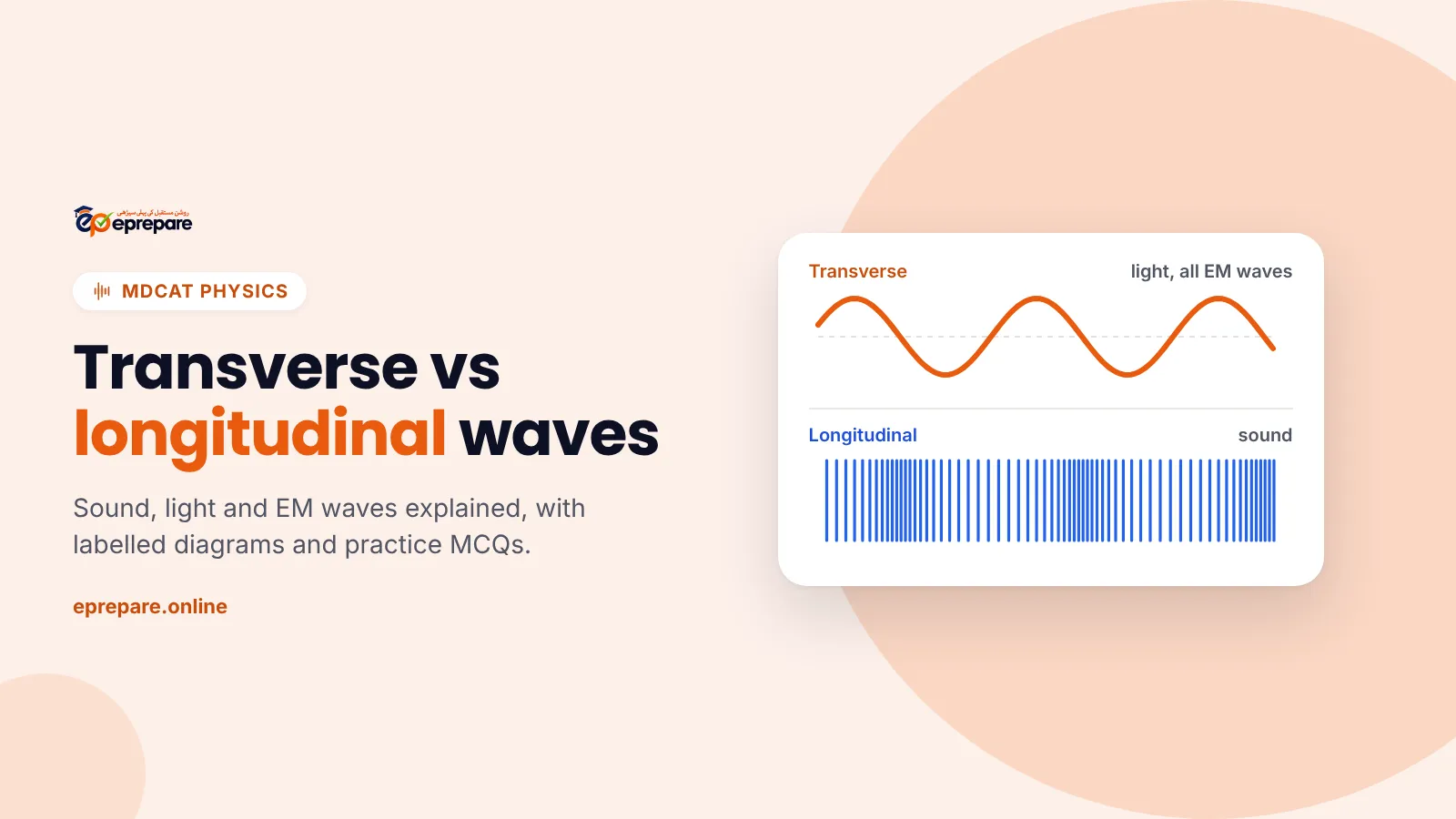 Transverse vs longitudinal waves: a sine wave labelled transverse for light and EM waves above a compression pattern labelled longitudinal for sound