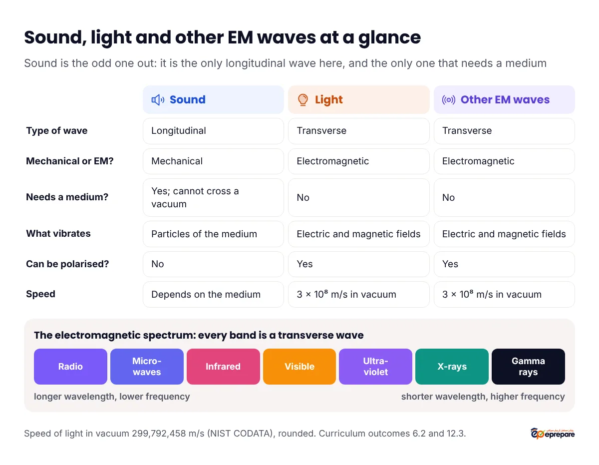 Comparison grid of sound, light and other EM waves: sound is longitudinal, mechanical, needs a medium and cannot be polarised; light and other EM waves are transverse, need no medium, can be polarised and travel at 3 × 10⁸ m/s in vacuum; below, the EM spectrum from radio to gamma rays, all transverse