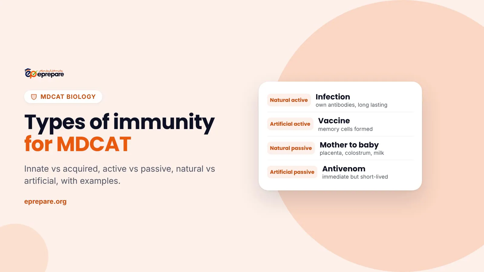Cover titled Types of immunity for MDCAT, with a card sorting infection, vaccine, mother's antibodies and antivenom into active and passive, natural and artificial immunity