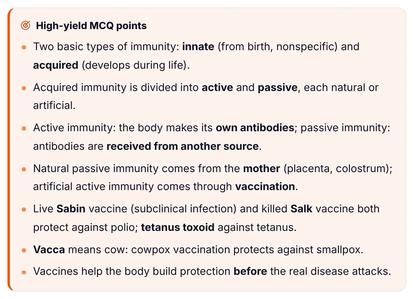 High-yield MCQ points box from ePrepare's conceptual notes on the basic types of immunity: innate and acquired, active and passive each natural or artificial, own versus received antibodies, natural passive immunity from the mother and artificial active immunity from vaccination, Sabin and Salk polio vaccines and tetanus toxoid, vacca meaning cow, and vaccines building protection before disease attacks.