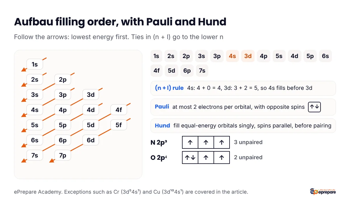 Aufbau filling order shown by diagonal arrows: 1s, 2s, 2p, 3s, 3p, 4s, 3d, 4p, 5s, 4d, 5p, 6s, 4f, 5d, 6p, 7s, with the (n + l) rule, Pauli's exclusion principle, and Hund's rule shown with orbital boxes for nitrogen 2p3 (three unpaired) and oxygen 2p4 (two unpaired)