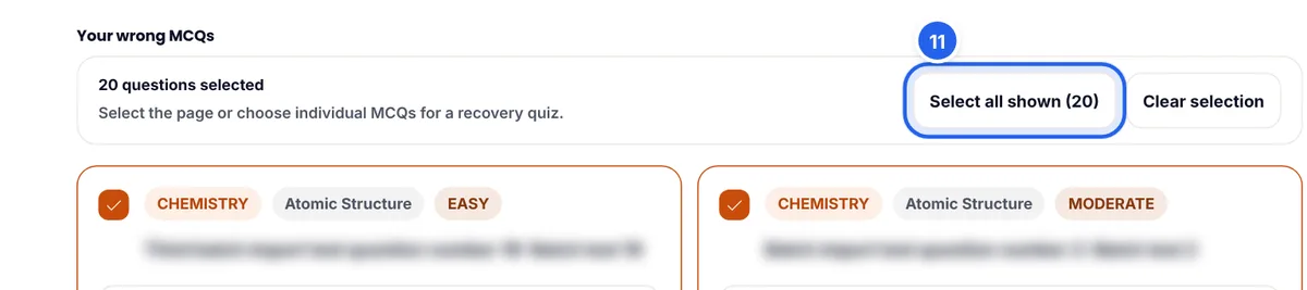 Twenty wrong questions selected with the Select all shown button highlighted and two ticked question cards below