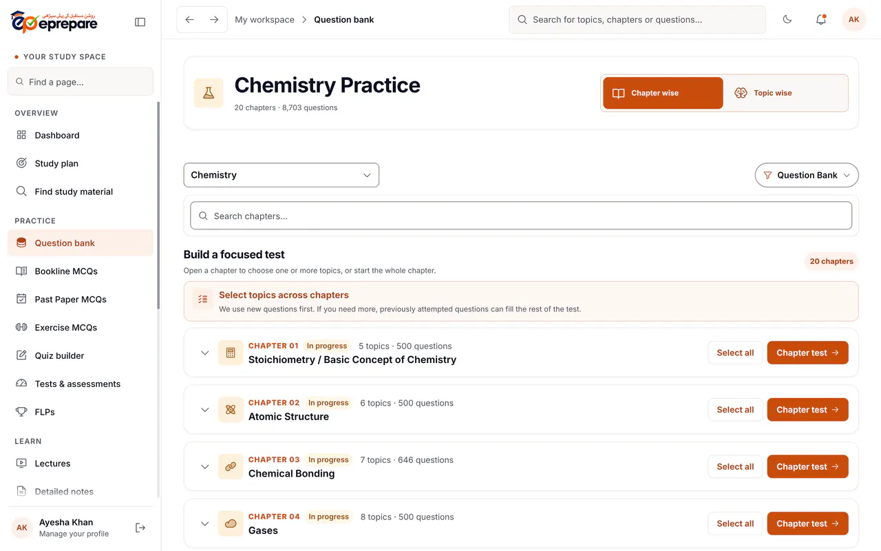 The ePrepare question bank with Chemistry chapters and MCQ counts