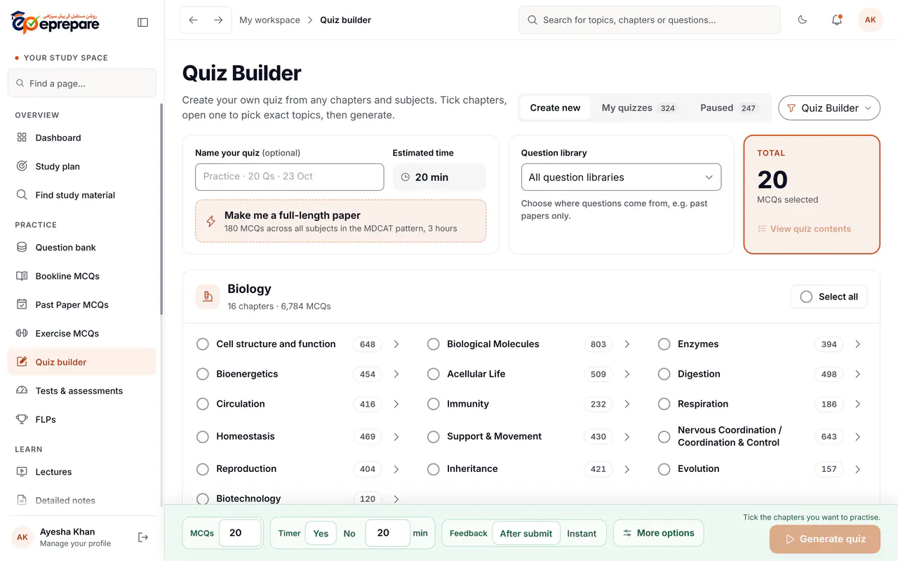 Quiz Builder with Biology chapters, question counts and timer options