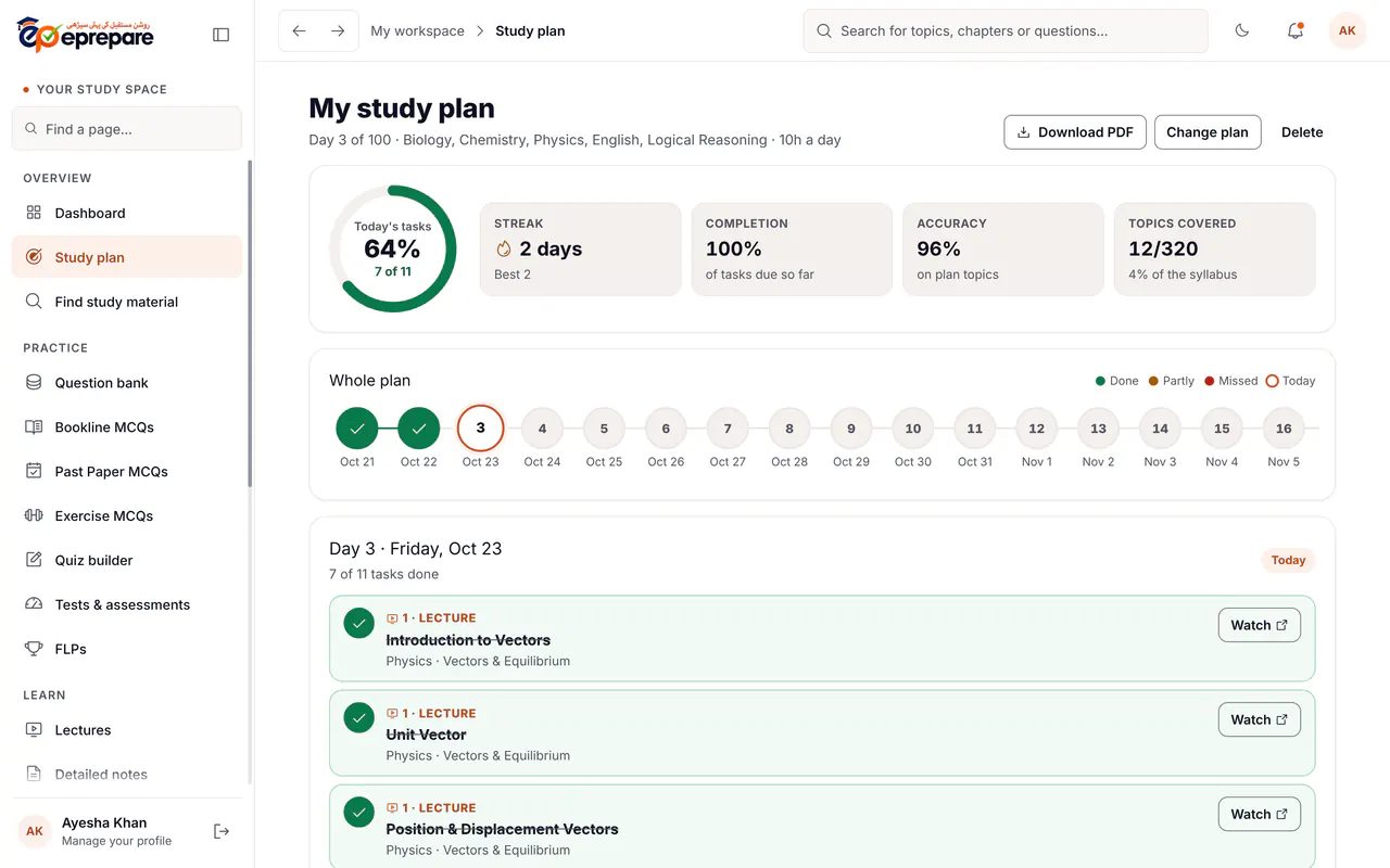 Study plan showing today's tasks and the whole-plan calendar